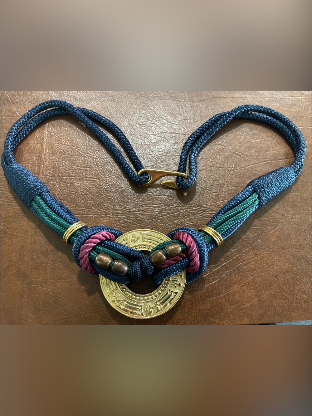 Navy Multicolor Braided Cord Rope Belt with Gold Medallion
